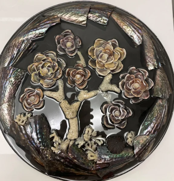 Dark Resin art with shells floral design