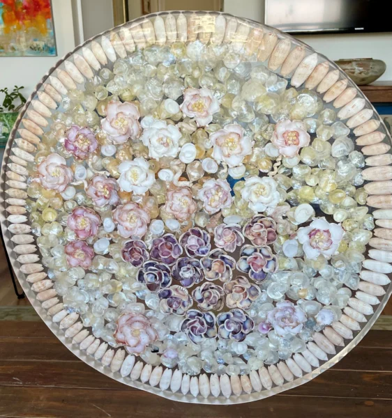 Resin art with shells floral design